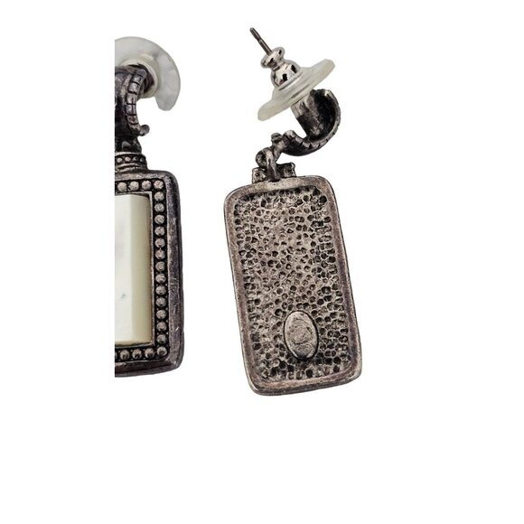 Vintage Silver-Tone & Mother Of Pearl Rectangular Dangle Earrings 1,5" - Picture 3 of 5